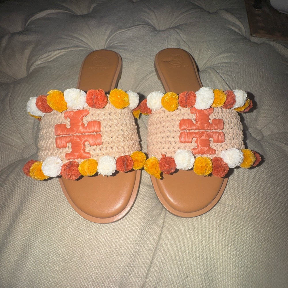 Tory Burch Raffia Pom Pom Slide Sandals – Size 6 – Coral/Yellow